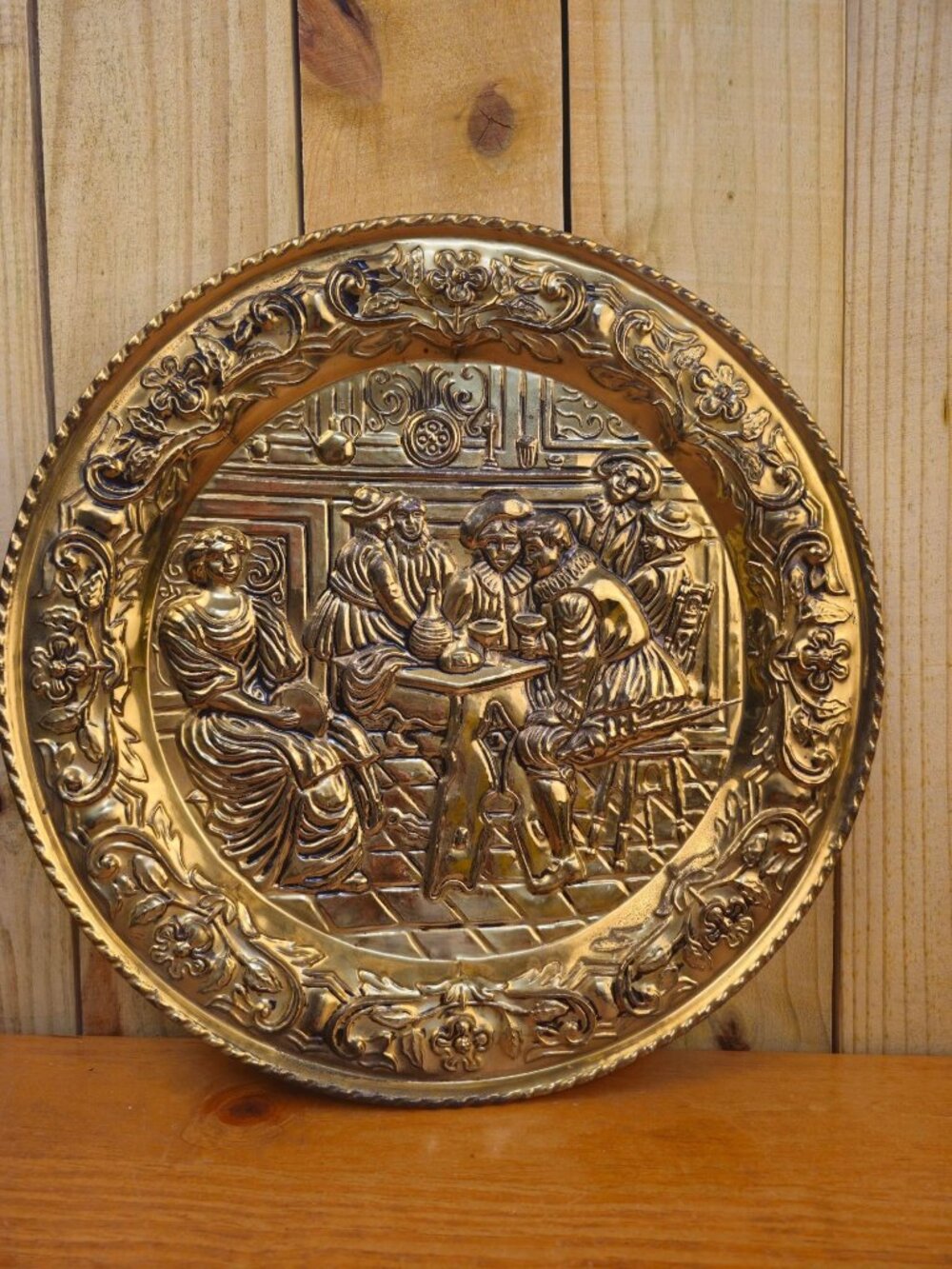 Peerage England Brass Wall Plate With Baroque Tavern Scene 16" Decorative Floral